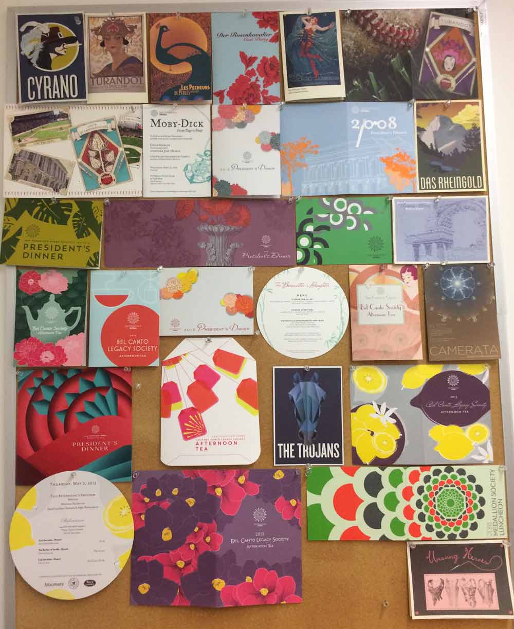 A selection of the invitations created for SFO events in recent years, primarily by designer Olivia Warnecke.