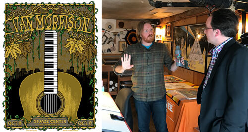 (left) A recent Matt Leunig poster for a Van Morrison concert at SFJAZZ; (right) Matt and I in his Oakland studio.
