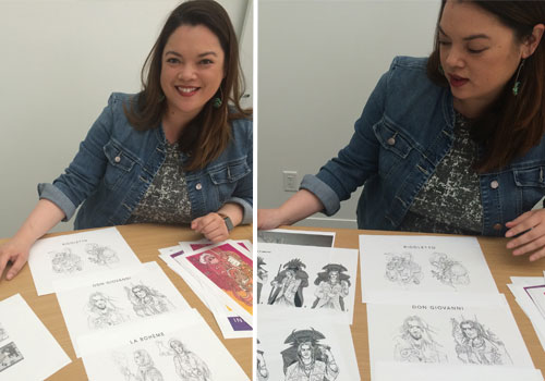 Pam with sketches-in-progress for the summer campaign.
