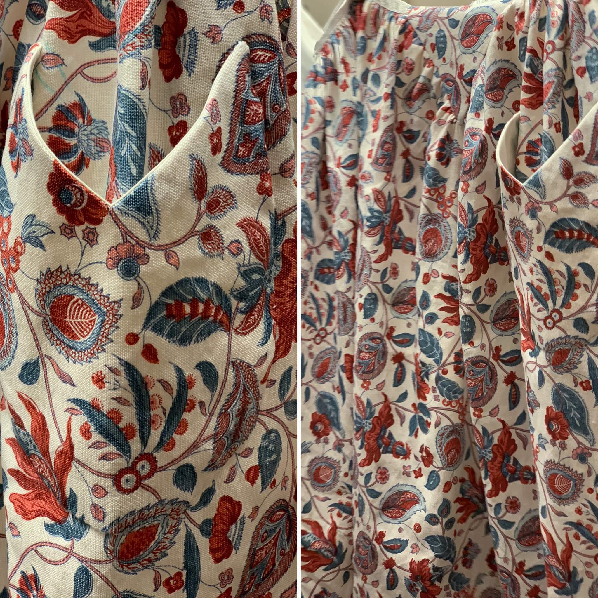 A close-up (left) and Susanna&rsquo;s apron (right) showing the addition of a hidden pocket.