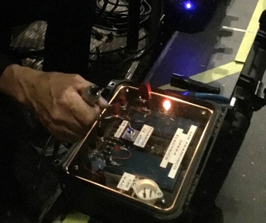 Geoff Heron, tucked away just off the proscenium at the start of G&ouml;tterd&auml;mmerung, preparing to activate the sparks of the Norns&rsquo; cables breaking.