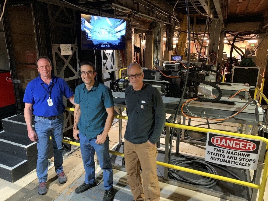 David Hatch, Philip Heron and David Heron with the newly in-house-designed and -engineered elevator system in the basement, directly underneath the stage.