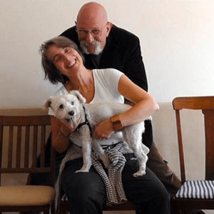 Joshua Raoul Brody, Composing Artist with the ARIA Program/Marketing Data Entry Clerk, his wife, Juliana, and their pooch, Snowy.