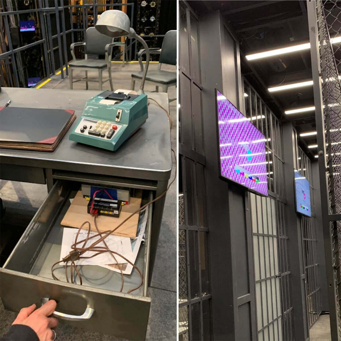 nter-departmental crew collaborations: (l) a lamp hooked up to a hidden battery pack; and (r) television monitors that had to be removed quickly for the set change.