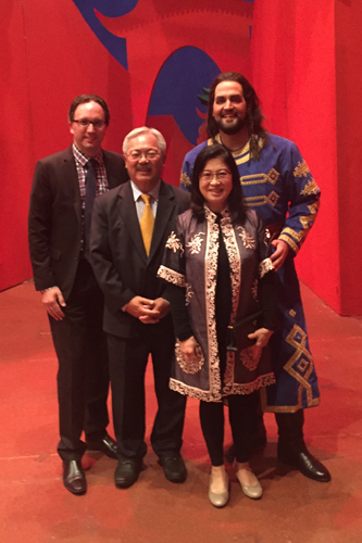 Mayor Lee with Mrs. Lee, tenor Brian Jagde and Matthew Shilvock on the set of Turandot in September.