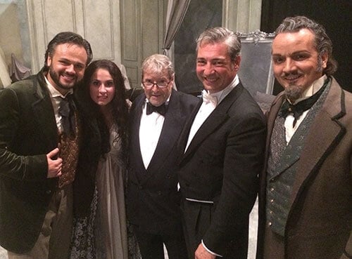 John Copley (center) with Atalla Ayan, Aurelia Florian, Nicola Luisotti and Artur Rucinski after the premiere of Traviata.