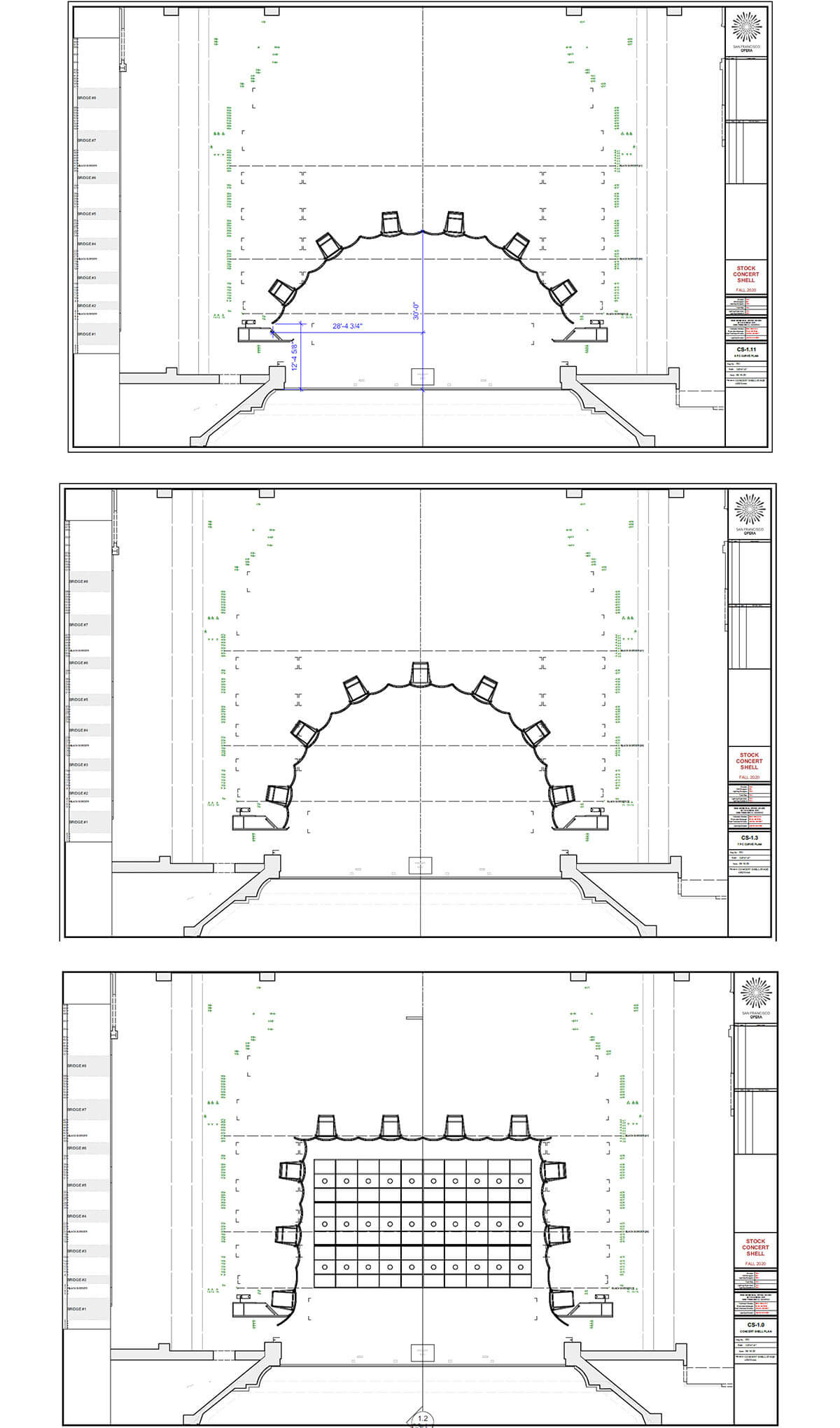 Ground plans for three schematic possibilities for the orchestra shell.