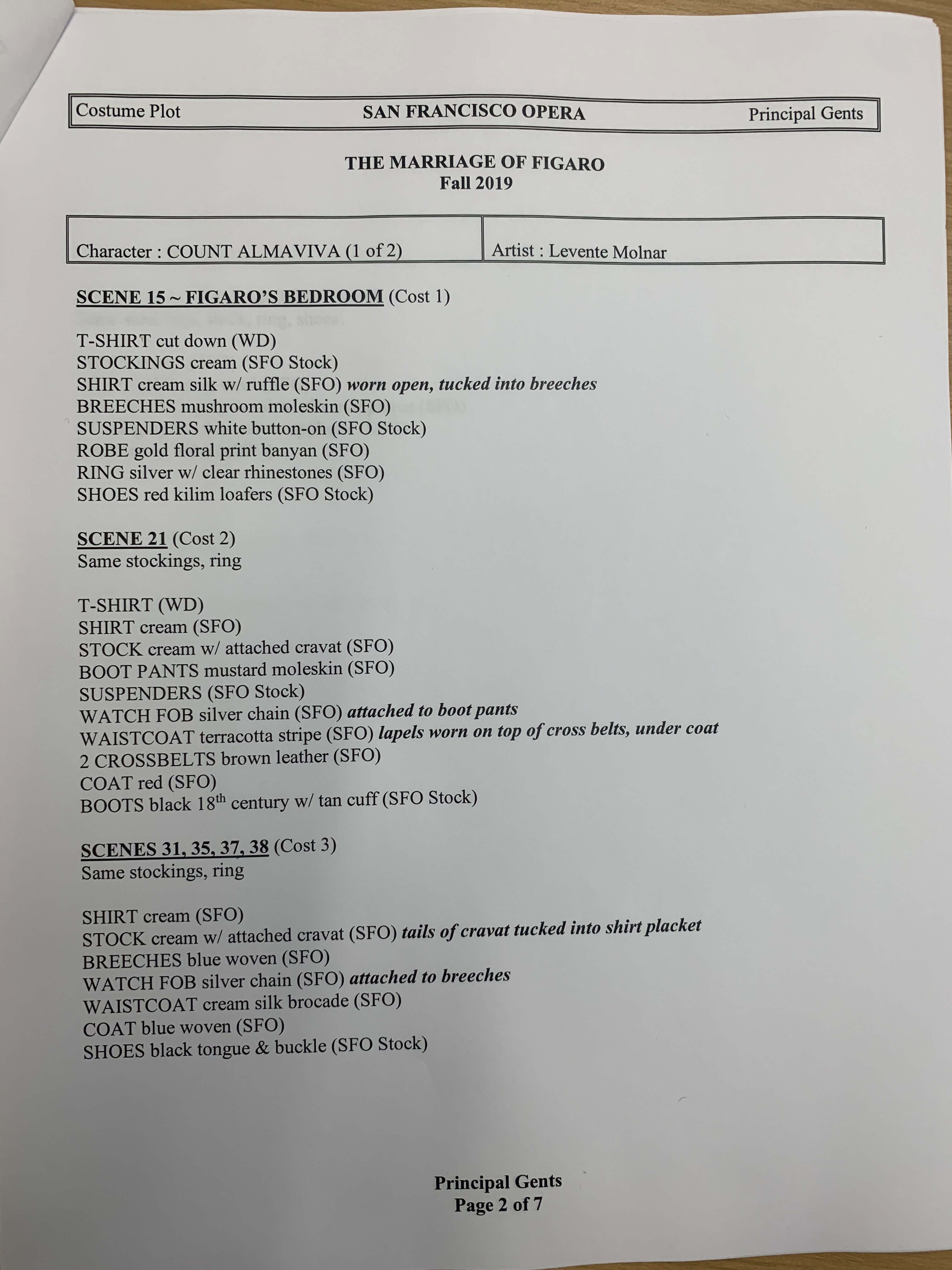 Examples of costume plots, listing out all costume pieces worn by Susanna and the Count, compiled by Galen Till.