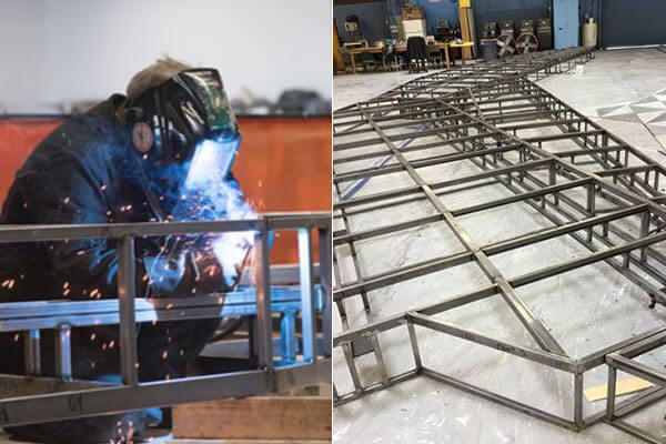 Dylan Maxson welding the scenic trucks (photo: Kristen Loken) which are (right) ready to receive the scenic units on top.