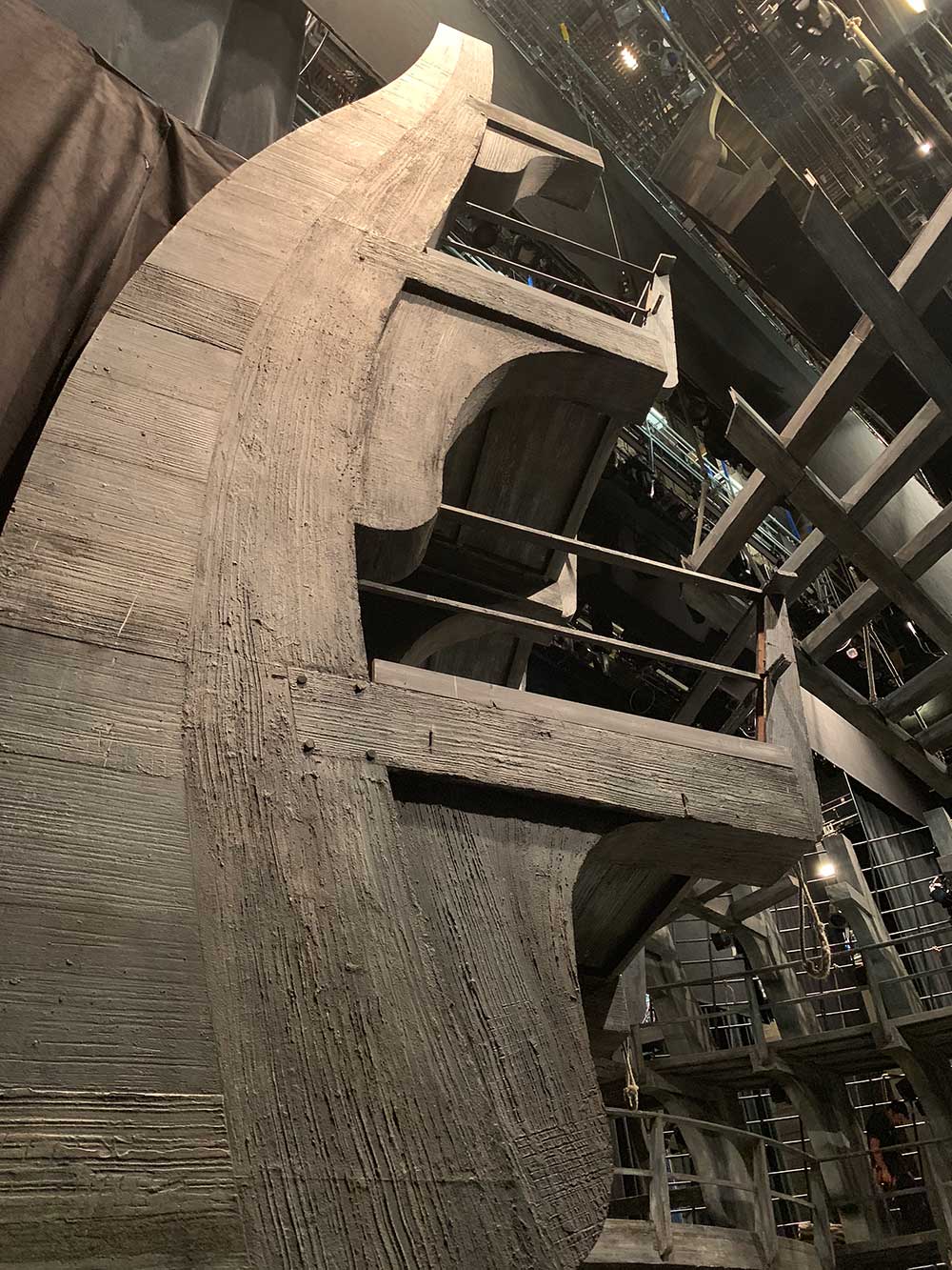 The striking height of the levels on the scenic ship with the elegant whalebone structure.