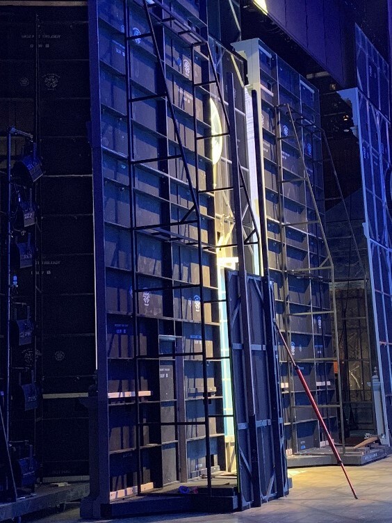 Scenic marks on the rear of the scenery close-up and in situ onstage.