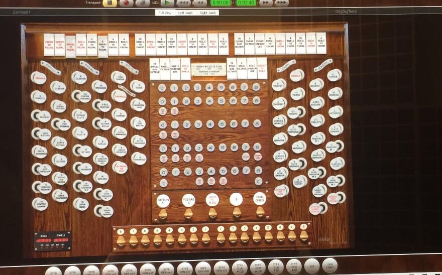 The sample sets of the St. Anne&rsquo;s organ and the Salisbury Cathedral organ, the Cathedral organ showing the much greater variety of stops. These are activated on touch-screen monitors. You just touch the stop to &lsquo;pull&rsquo; it out.