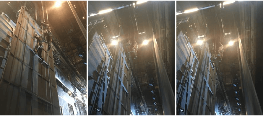 Two of the Valkyries beginning their ascent into the fly tower.