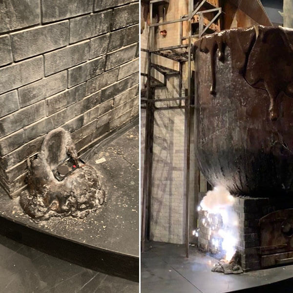 The breakaway explosion for the chocolate pot. In the top photo you can see the location of the electrical charges that ignite the explosion.