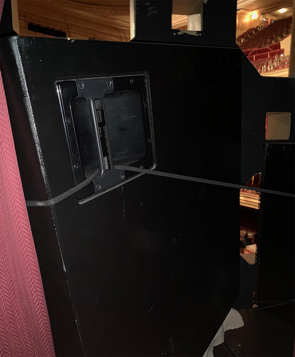 Two images of speaker locations, one in the organ bays and one in the lighting position at the top of the auditorium.