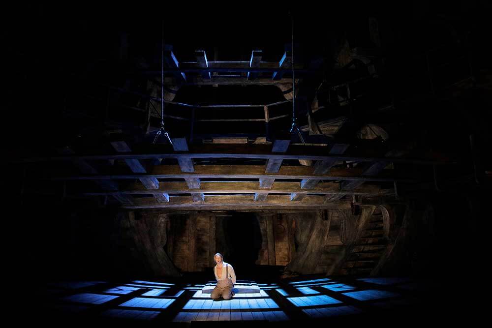 The set with the ceiling lowered in rehearsal.