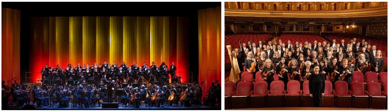 Eun Sun Kim conducting San Francisco Opera Orchestra and Chorus; Kim and the Orchestra.