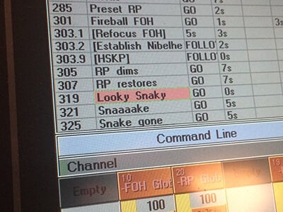 Humorously named projection cues! (This one from the Nibelheim scene of Rheingold when the serpent first appears.)