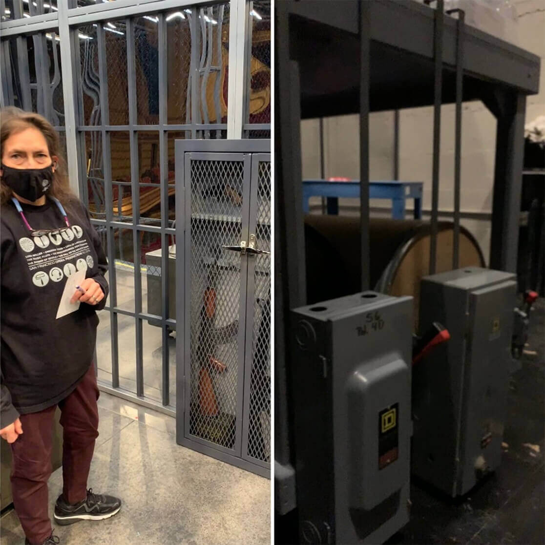 Found objects from the War Memorial: (l) Props Master Lori Harrison with grating used to make a firearms cabinet, and (r) old transformers.