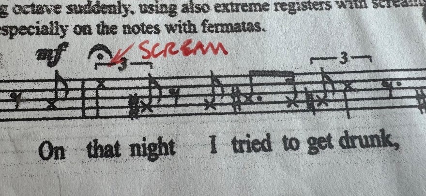 An example of Kaija&rsquo;s Saariaho&rsquo;s scoring of Sprechstimme with Lucy&rsquo;s annotated scream. 