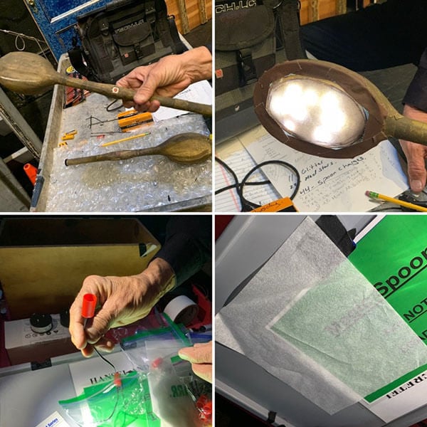 The stages of a pyro spoon &ndash; Geoff showing one of the activation buttons, the LED lights, a sheet of the flash paper and then holder/electronic match into which the paper is scrunched up.