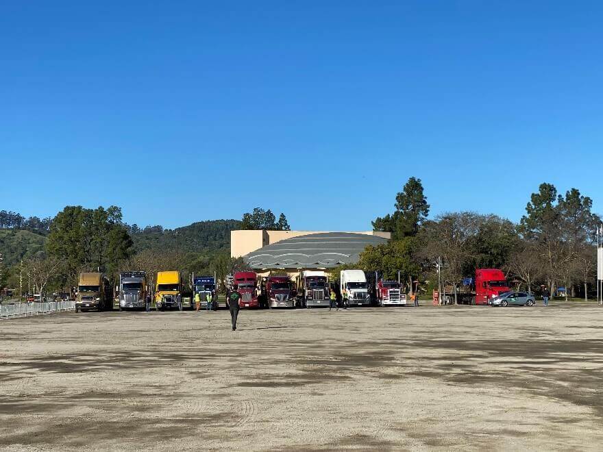 The festival stage being erected against the stunning backdrop of the Marin hills