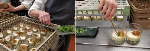 Plating 600 elegant rice puddings in the kitchen of the Ritz.