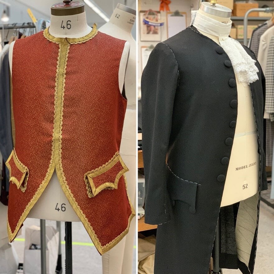Old and new: adapting a Manon Lescaut costume for Bartolo on the left, while Basilio&rsquo;s jacket on the right is being made from scratch.