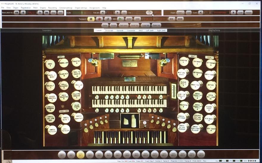 The sample sets of the St. Anne&rsquo;s organ and the Salisbury Cathedral organ, the Cathedral organ showing the much greater variety of stops. These are activated on touch-screen monitors. You just touch the stop to &lsquo;pull&rsquo; it out.
