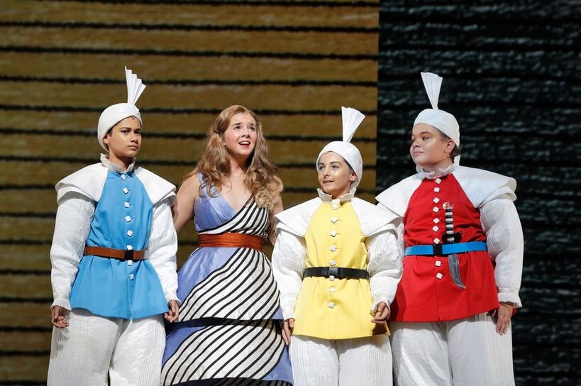 Rafael Karpa-Wilson, Pietro Juvara, and Michael Sacco with Sarah Shafer as Pamina. Photo by Cory Weaver/San Francisco Opera.